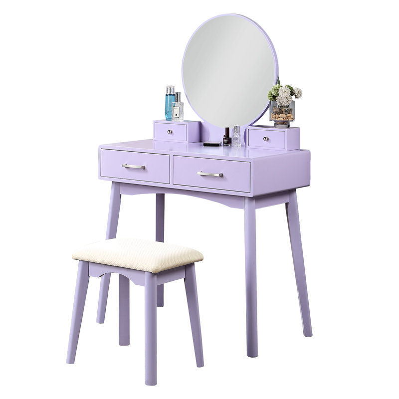 Wood Vanity And Stool Purple - Modern Table , Metal Drawer Pull, 12.6"W Dimension Stool, Pull For Easy Opening, Purple