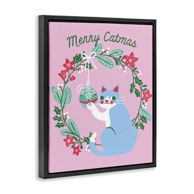 «Merry Christmas Pink Cat», art mural sur toile par Riley Hutchens, H 21 po x l 17 po, Cadre flottant noir de jais