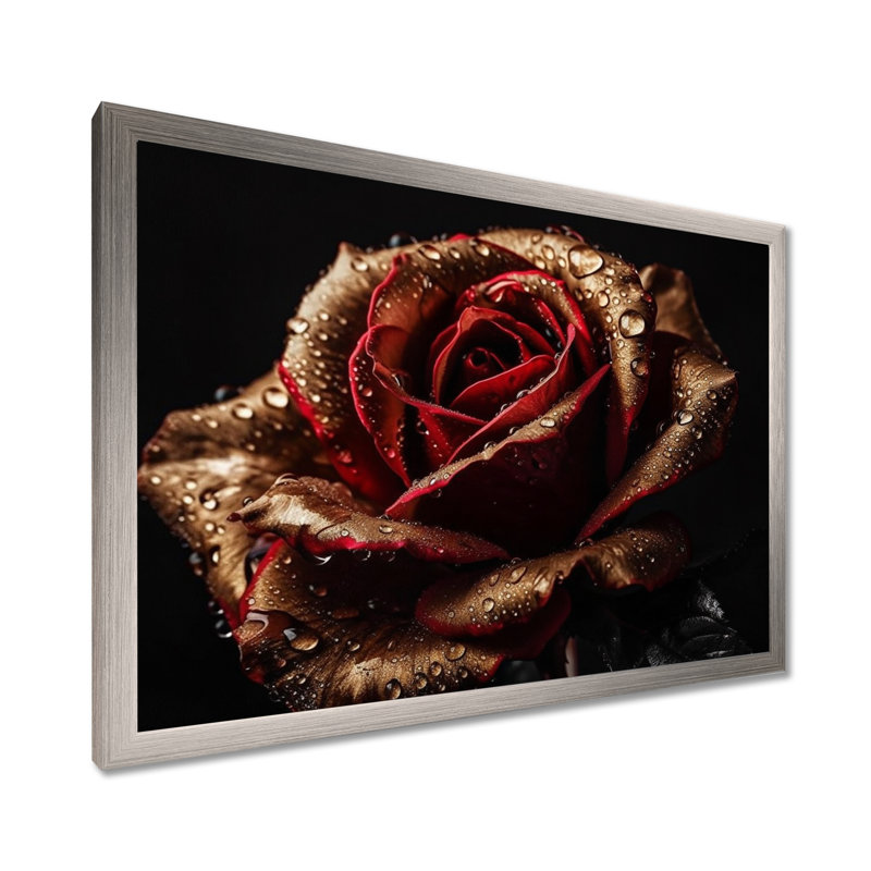 Morning Dew On Exquiste Red Rose - Art mural rose, H 12 po x l 20 po x P 1 po, Cadre simple argenté