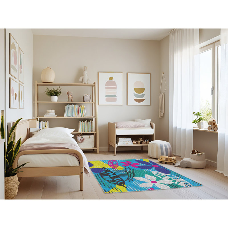 Tapis rose/bleu/jaune à motif, Rectangle 4 pi x 6 pi