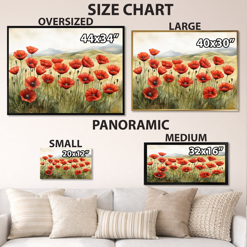 Art mural coquelicot, toile fleur rouge, coquelicots dans la brise, H 24 po x l 32 po, Cadre naturel flottant