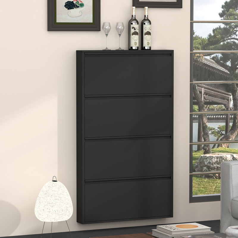 Armoire à chaussures en métal avec 4 tiroirs rabattables, range-chaussures mural, étagère à chaussures étroite et étroite pour le vestibule, noir