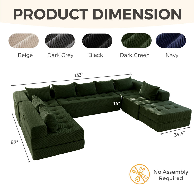 Boneless U Shaped Modular Sectional Sofa Couch, Green Corduroy, 15" H x 133" W x 87" D