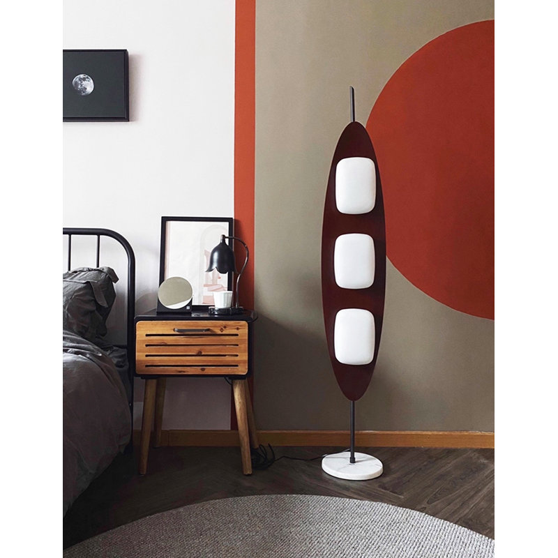 Vertical Oval Wood Panel Three Light Floor Light Fixture