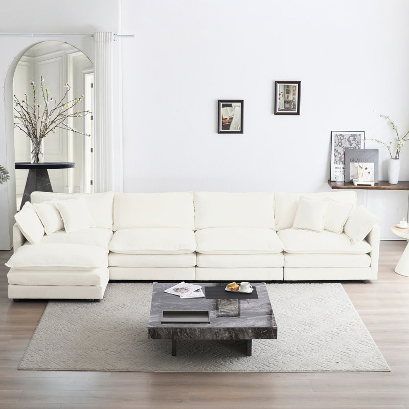Canapé modulaire en U 5 places en chenille blanche, pour le salon: spacieux et confortable