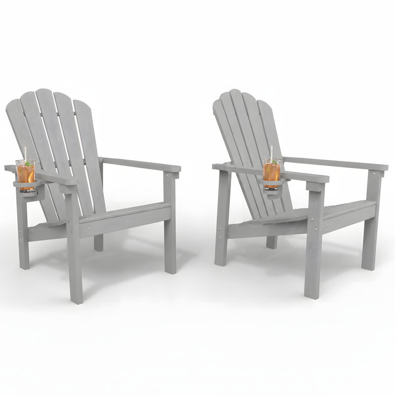 Dareona Set of 2 HDPE Stackable Adirondack Chairs with Cup Holders, All-Weather Outdoor Patio Chairs, Gray, 2
