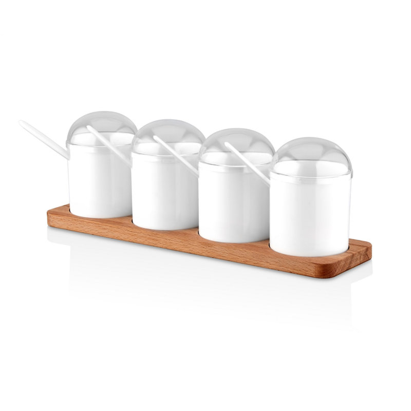 Spice Jar & Kitchen Shelf Set (5 Pieces), Wooden Stand & 4 Plastic Jars, 4.3 x 4.3 x 4.7 inches (275 ml) Each | BPA Free, Dishwasher Safe, Stylish White & Wood Design | Perfect for Organizing Spices & Seasonings