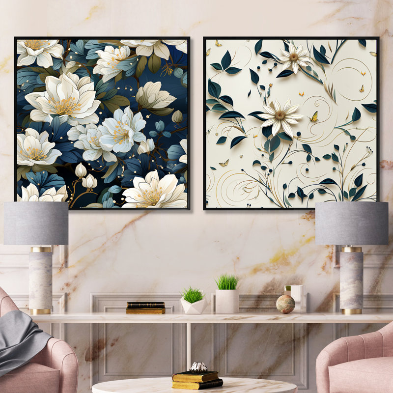 Theodora - Ensemble de 2 collages carrés floraux, Cadre flottant noir, H 16 po x l 33 po