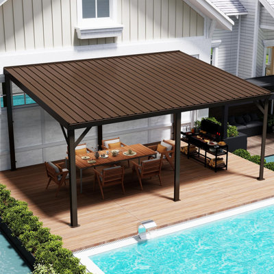 Abri de jardin à toit rigide de 12 pi x 16 pi avec gouttières, pergola à pavillon fixée au mur avec toit en acier galvanisé, résistance au vent de 60MPH, grand auvent extérieur en métal, pour patio, terrasse, pelouse - brun