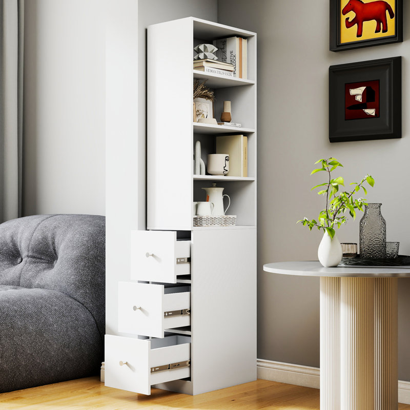 Vitrine H 70,79 po avec tablettes à 4 niveaux et 3 tiroirs latéraux pour le salon, le bureau personnel, le salon, le magasin, la cuisine, le panneau de particules et la fabrication