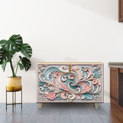 Buffet Buffet avec rangement Élégant motif à tourbillons floraux, teintes bleues et roses, style Quilling avec 2 portes pour le salon et la cuisine