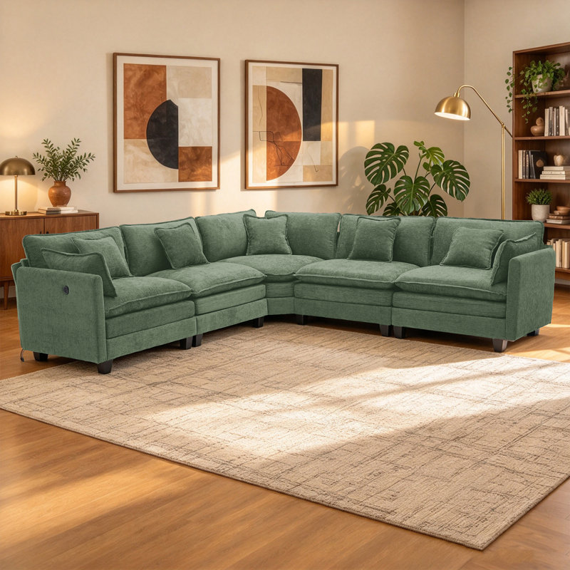 Canapé modulaire en forme de V de 112 po avec port de chargement USB et sièges profonds 112 po, Chenille verte