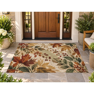 5' x 7' Outdoor Area Rug Fall Leaves Branches Botanical Heavyweight Waterproof PVC Coil Loop Carpet, Heavy Duty Patio Rug, Quick Dry Indoor Outdoor Mat for Large Doormat Porch Deck Entryway