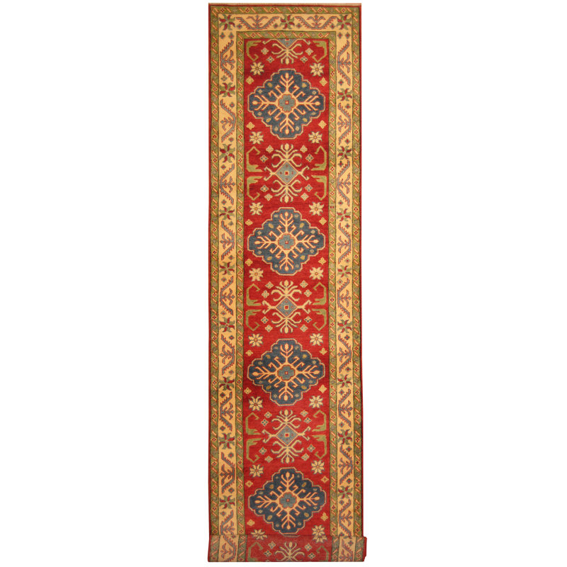 Tapis de couloir unique en laine noué à la main rouge / bleu / beige 2 pi 10 po x 13 pi 4 po Jevon