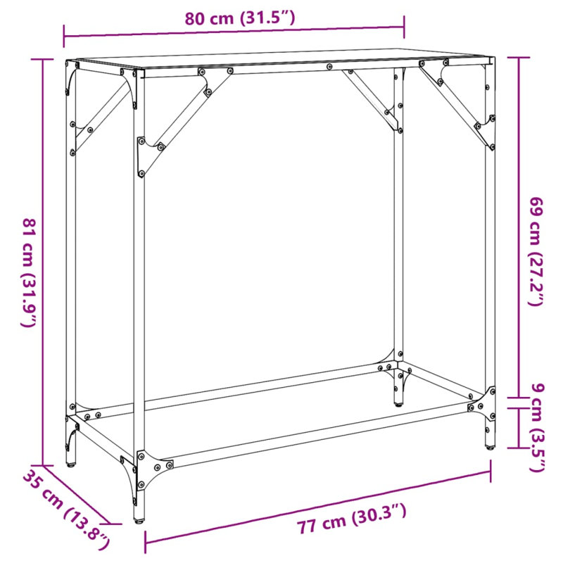 Console Table With Transparent Glass Top 80X35x81 Cm Steel, Black Glass, 81cm H x 80cm W x 35cm D
