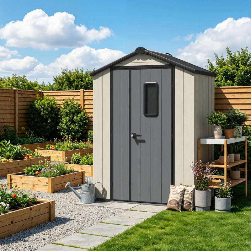 Abri de jardin de 1,5 m x 0,9 m en bois, plastique et acier galvanisé, résistant aux intempéries, avec porte verrouillable et ventilation.