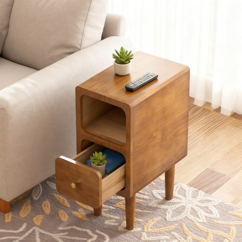 Ensemble de table de chevet étroite Mid-Century moderne avec 2 tiroirs et tablette ouverte en bois massif