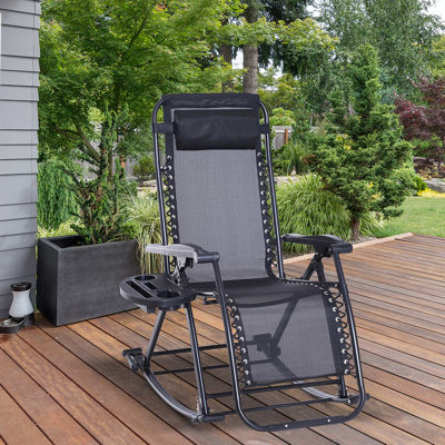Gravity Lounge Chair, Foldable Outdoor Rocking With Pillow, Cup & Phone Tray, Black, Steel Construction Reclining Chair - Cool Breathable Fabric Tray