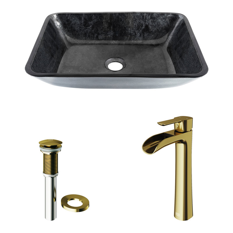 Lavabo de salle de bain vasque rectangulaire en verre avec robinet H 11 po Onyx, Or mat, Onyx gris