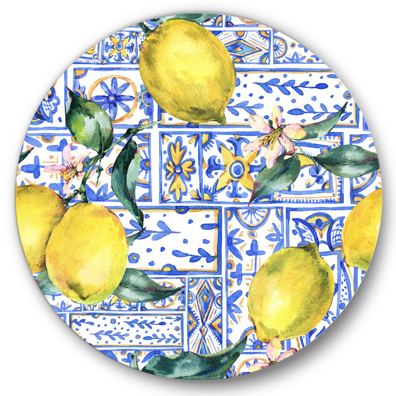 Ornement de citron sur motif géométrique bleu I - art mural cercle tropical en métal, H 23 po x l 23 po x P 1 po