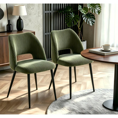 Corduroy Upholstered Dining Chair with Cutout Back and Black Metal  Legs