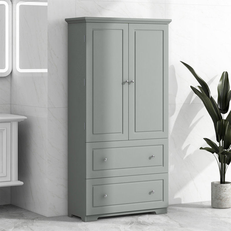 Large armoire de rangement pour salle de bain, armoire de rangement autoportante avec deux tiroirs et tablette réglable, panneau de fibres à densité moyenne avec finition peinte