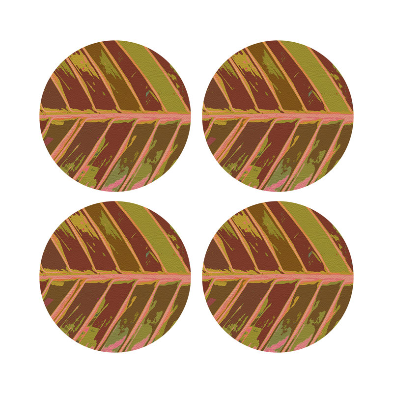 Tropical Leaf Crimson Vegan Leather Round Coasters, Crimson