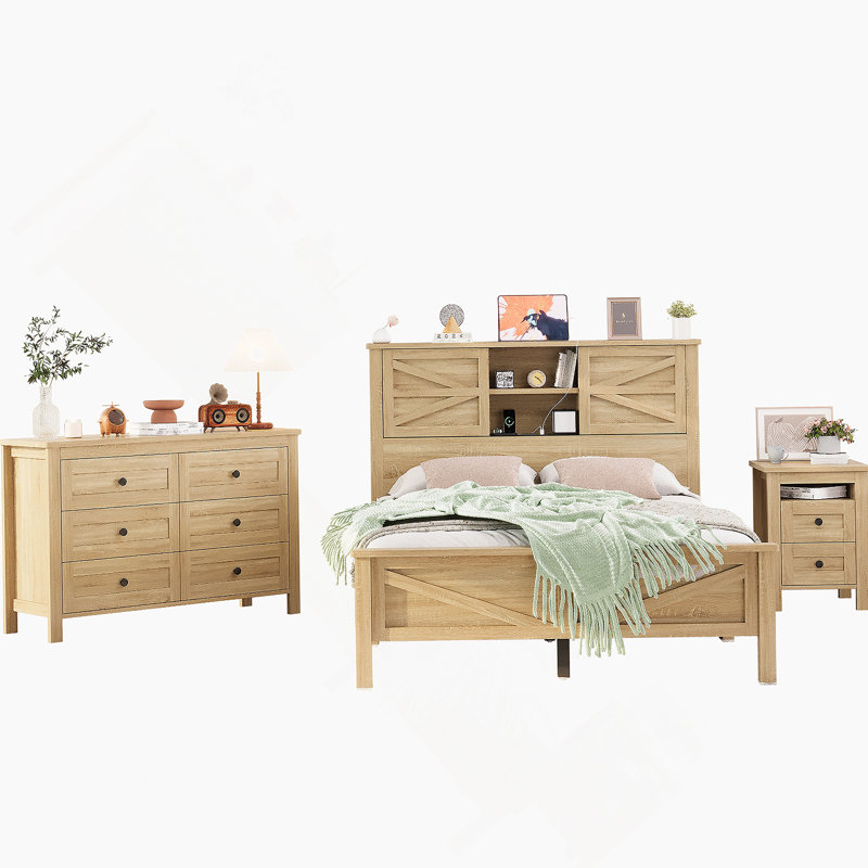 3-Pieces Bedroom Sets Full Size Farmhouse Platform Bed With Double Sliding Door Storage Headboard And Charging Station, Storage Nightstand And Dresser, Natural