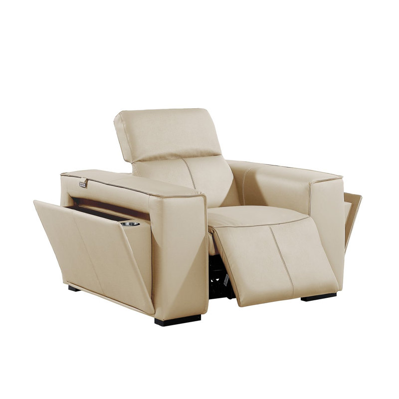 Top Grain Italian Leather Power Reclining Chair With Power Headrests, Beige Genuine Leather