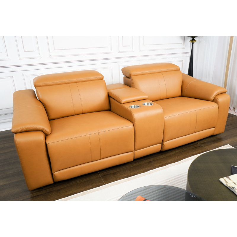 Cuir brun modulaire 3 avec 2 porte-gobelets et fauteuil inclinable électrique, canapé modulaire confortable pour le salon, petits espaces de conception moderne, éponge haute respirante, conception de rangement intégré,