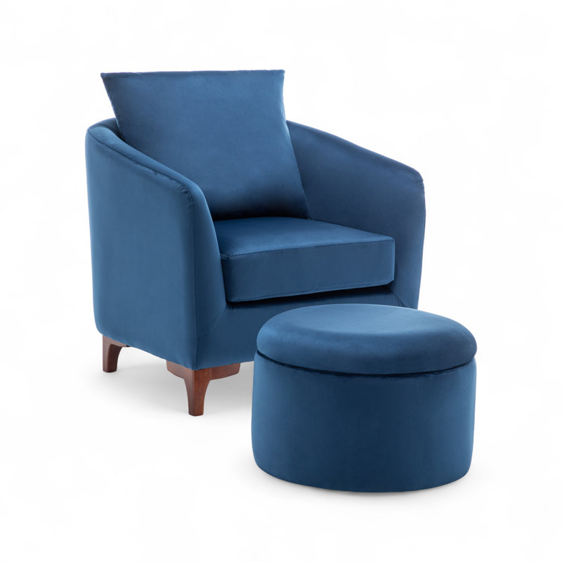Upholstered Barrel Chair with Footstool, Blue Velvet