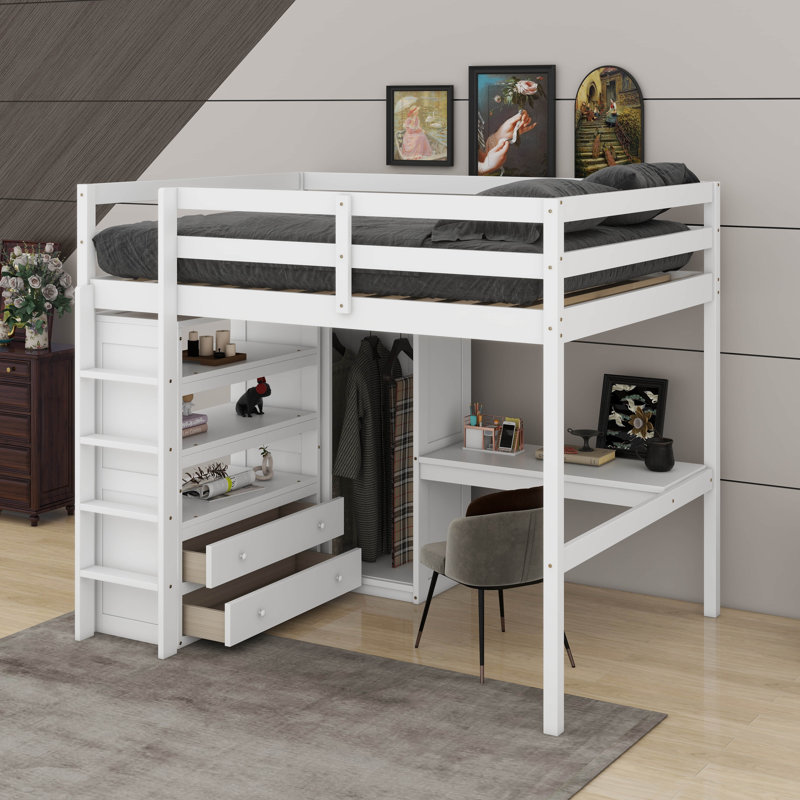 Lit mezzanine double avec bureau, garde-robe, tablettes et tiroirs, Blanc