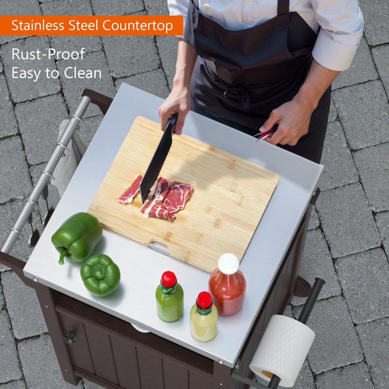 Chariot de barbecue portatif avec rangement, cuisine extérieure en acier inoxydable avec roulettes brun