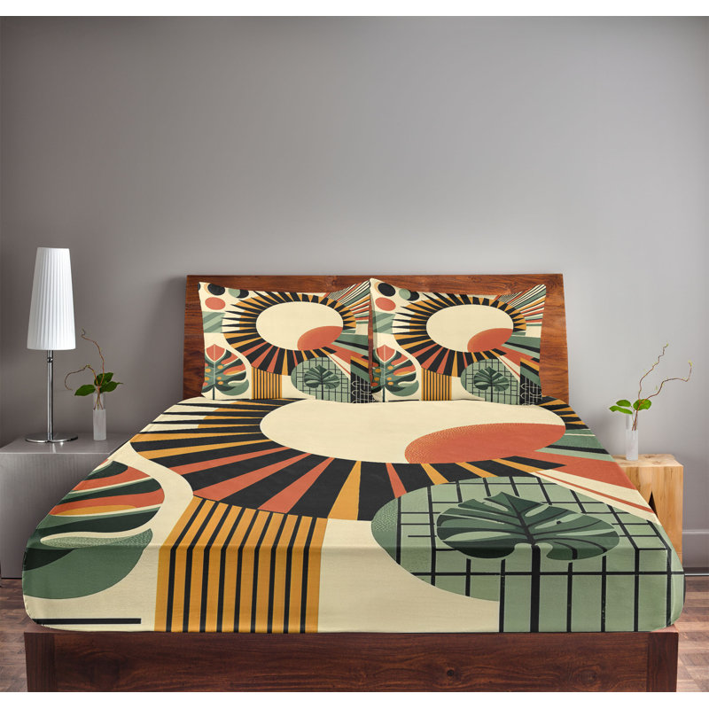 Drap-housse et taie décorative Ambesonne Mid-Century abstrait beige soleil orange brûlé, Très grand californien