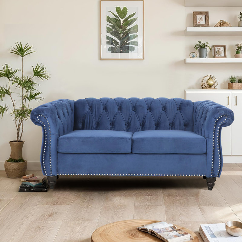Johnette 62'' Velvet Rolled Arms Chesterfield Sofa, Blue Velvet