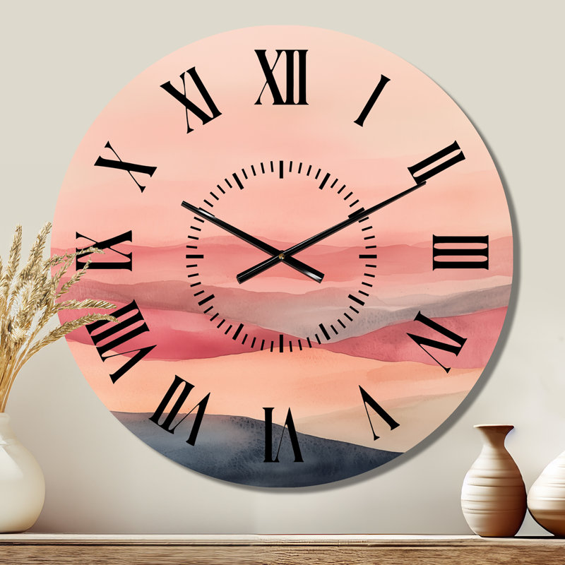 Horloge murale silencieuse contemporaine en métal rose « Fragmented Terrain in Blush », Grand