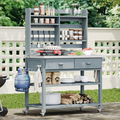 Banc de rempotage extérieur 64,9 "avec 2 tiroirs et rehausse supérieure, gris-bleu, Bleu gris