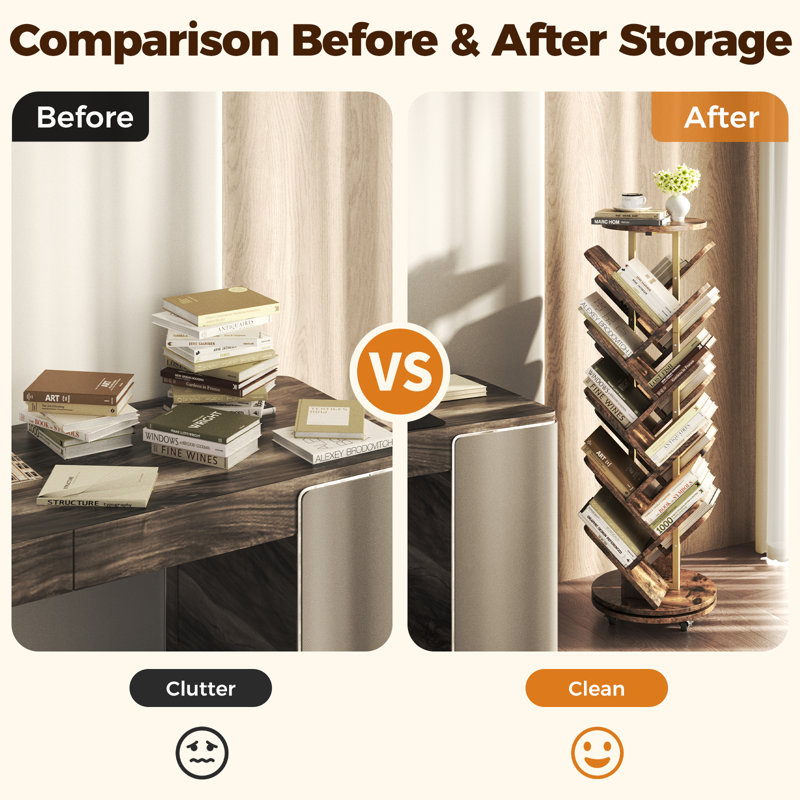 127cm H x 40cm W Metal Step Bookcase,16-Tier Tree Rotating Bookshelf, 360 Degree Spinning Standing Bookcase, Corner Bookcase with casters