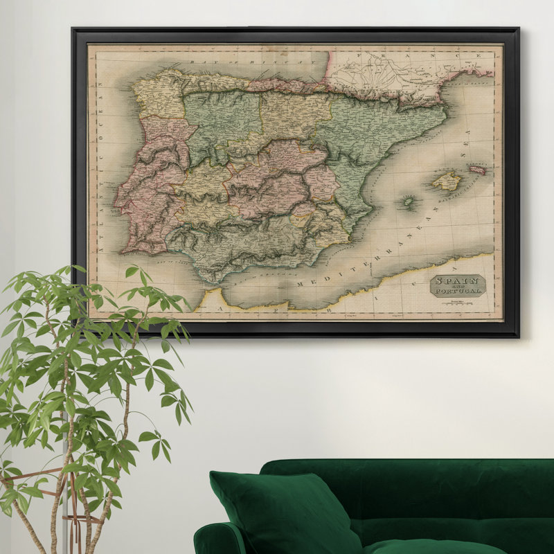 Carte de l’Espagne-impression d’art graphique sur toile encadrée, H 30,5 po x l 42,5 po x P 1,5 po, Cadre noir