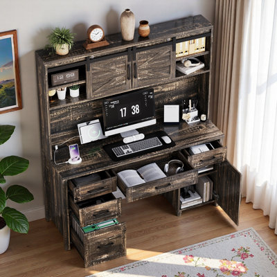 Bureau de ferme avec station de charge, huche de porte de grange coulissante, 5 tiroirs, armoire de rangement et tablette réglable à 3 positions