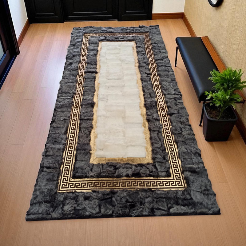 Gray Gold Tuscan Runner Rug, Long Handmade Fur Carpet With Greek Key Border, Custom Size Luxury Entryway Rug, Soft Natural Fur Runner_2 X 7.5 Ft