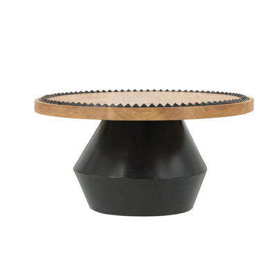 12X12x6" Round Wooden Pedestal Tray With Black Detailing And Sculptural Stand
