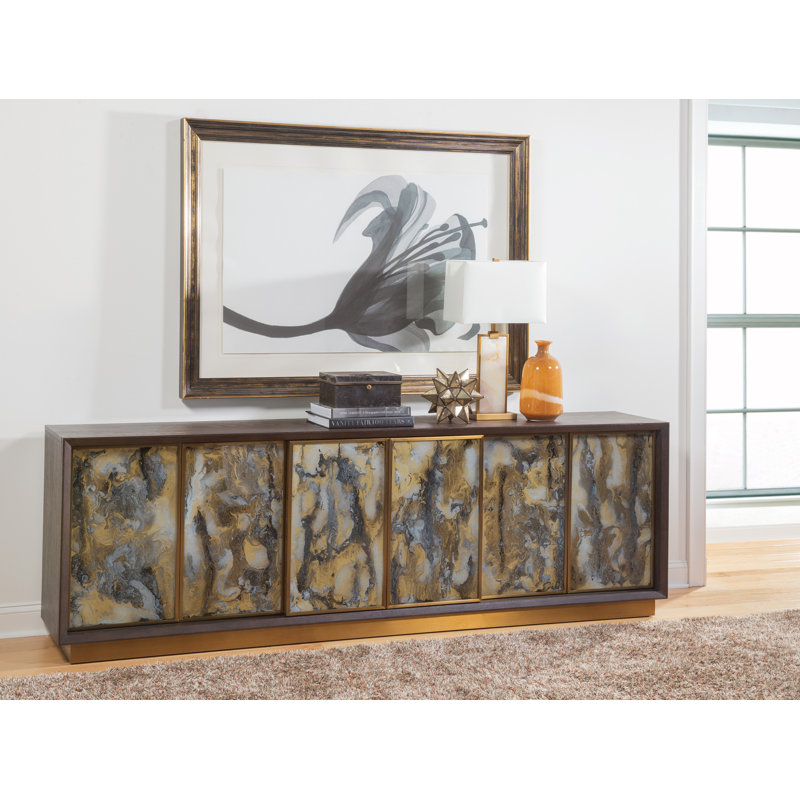 Transitional White Oak Media Console with Brass Accents