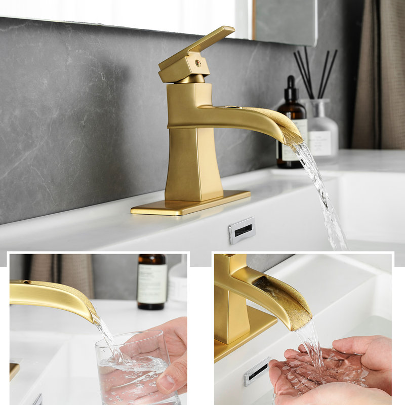 Bathroom Sink Waterfall Faucet, Brushed Gold Deck Plate, Pop Up Drain, Supply Lines, One Handle, Build Robust, Brushed Gold