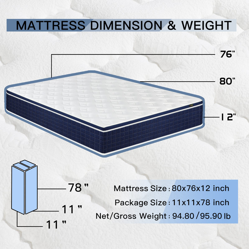Matelas hybride en mousse à mémoire de forme moyenne 12 "/ 13" / 14 "Bassford, Très grand lit, Profil haut (12 po)