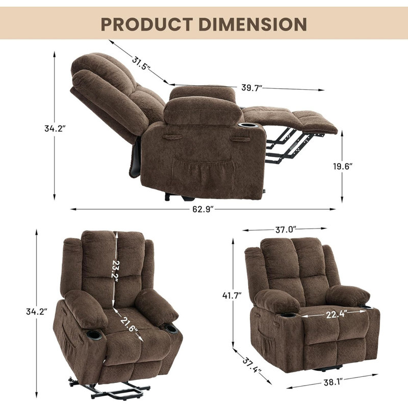 Oversized Power Lift Recliner Chair with Massage & Heat, 135° Adjustable Electric Chair for Elderly, Brown Chenille