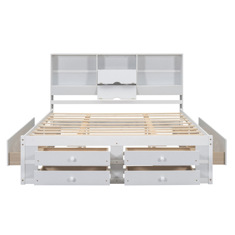 Lit plateforme très grand blanc avec tête de lit et 8 tiroirs de rangement, Très grand lit, Blanc