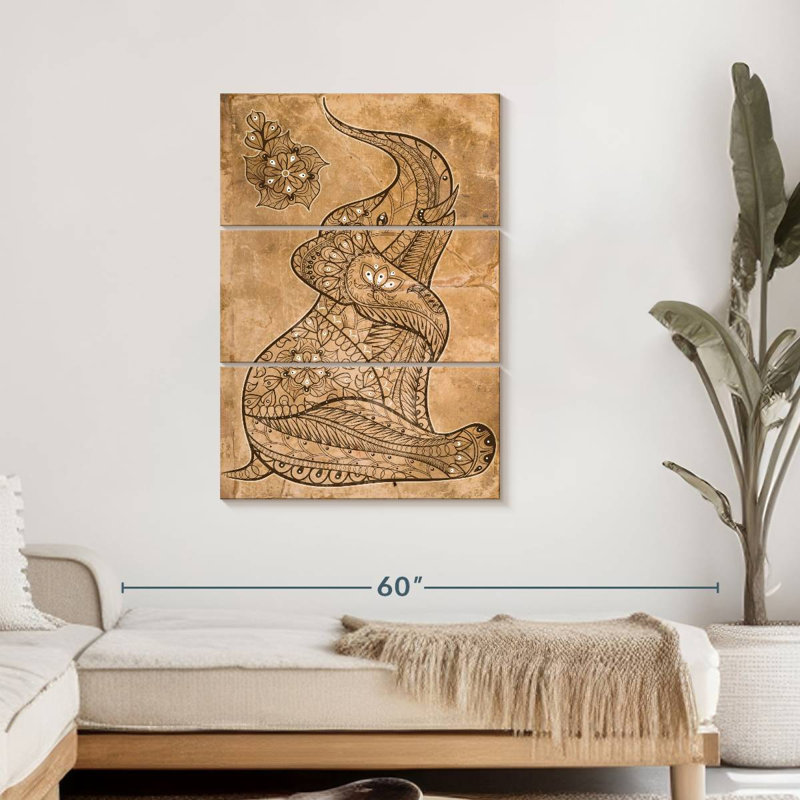 " Boho Vintage Elephant " 3 - Pieces, 45" H x 28" W x 1.25" D