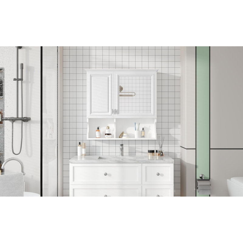 Armoire de salle de bain à miroir murale avec tablettes réglables, conception en bois massif blanc, rangement élégant pour la toilette et la chambre à coucher