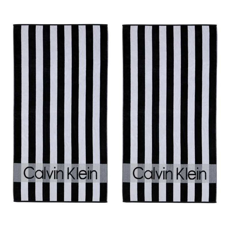 Calvin Klein Beach Stripe Logo Black 2 Piece Beach Towel Set, Beach Stripe Logo Black